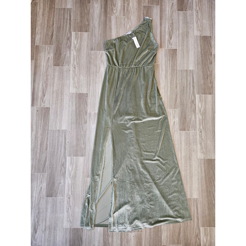 Baltic Born Velvet Maxi Dress One Shoulder Sage Bridesmade Gown Size L Tatiana